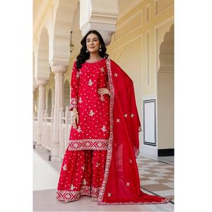 Traje Sharara de terciopelo o seda clásico y de moda con bordado rico para Bodas de invierno eventos formales y gran ropa festiva - Product Image 1