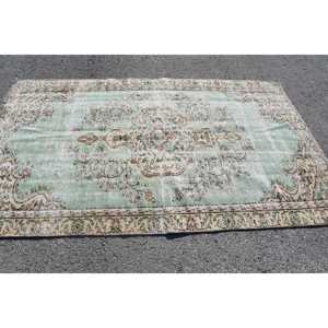 Tapis turc vintage écologique 4,9x8,2 pieds, tapis en laine patchwork vert avec envers en latex - Product Image 3