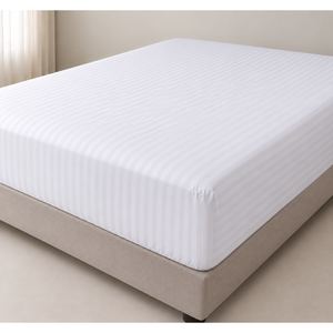 Drap-housse King Size 100% coton 160x200x30 cm blanc rayé satiné qualité hospitalière - Product Image 1