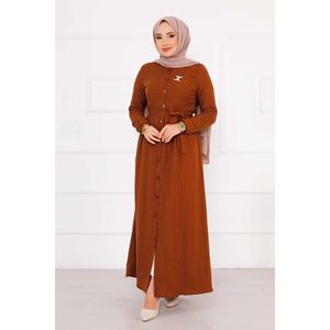 Robe décontractée marron boutonnée à manches élastiquées, respirante et légère, taille XS, motif uni, longueur genou, pour le printemps et l'automne - Product Image 1