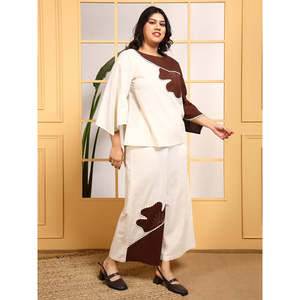DEEBACO Women's Plus Size Solid Off <b>White</b> Cotton Embroidered Patch <b>Work</b> Co-Ord Set Boat Neck Top and Ankle Length <b>Trouser</b> Outfit - Product Image 6