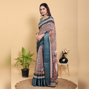 Sari en lin et coton artistique durable, brun patineux et turquoise, GG-614, avec patta en jacquard de lin, mettant en valeur les traditions - Product Image 3