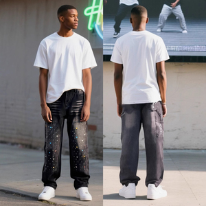 Pantalones vaqueros holgados desgastados con lavado ácido de pierna ancha de alta calidad para hombre, pantalones vaqueros de color oscuro de gran tamaño, cintura media, diamantes de imitación rectos - Product Image 2