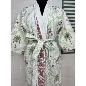 เสื้อคลุมกิโมโนผ้าฝ้าย Kantha Reine สำหรับผู้หญิง สีเขียวพาสเทล ลายพิมพ์สัตว์  ใช้คลุมชุดว่ายน้ำ - Product Image 2