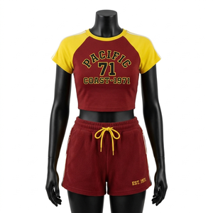 280 GSM Cotton Polyester Fleece <b>Maroon</b> Yellow Raglan Crop <b>Top</b> Short Set 100% Cotton T-shirt Booty & Shorts Set - Product Image 1
