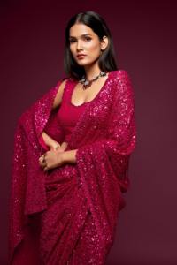 Trendmalls Saree à paillettes en georgette lourde pour femmes avec chemisier non cousu (K951-Pink) prix de gros de vêtements indiens et pakistanais - Product Image 2