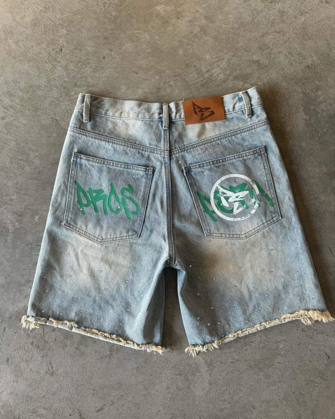 Top Popular Jorts Men's Denim Shorts Mid-Waist Baggy Style Washed Jeans Shorts With Rhinestone shorts for men