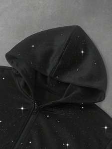 Sudadera con Capucha y Cremallera Negra con Logotipo Personalizado, Sudadera Unisex de Forro Polar con Cristales, Chaqueta Urbana con Capucha Brillante para Hombre - Product Image 3