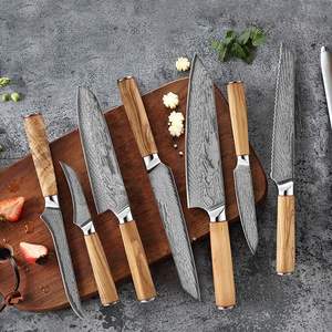 Handmade Damascus Steel 7-Piece Kitchen Chef Set Carbon Steel Pure Leather Sheath Olive Wood Handles Includes <b>Sharpening</b> Rod - Product Image 1