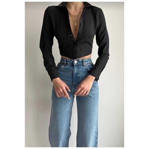 Camicia corta da donna Slim Fit taglio stretto nero con elastico in vita