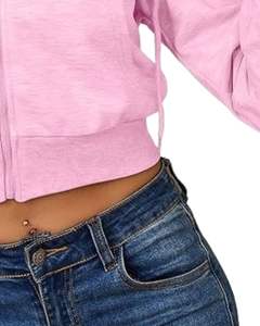 Sweat-shirt à capuche zippé court pour femme rose à manches longues décontracté avec capuche et poignets côtelés Streetwear Mode d'hiver Haut pour femme - Product Image 6