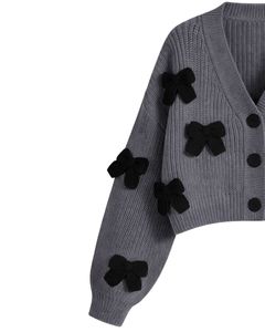 Customized Women Dark Grey Cropped Knit <b>Cardigan</b> Sweater <b>With</b> Black Bow Applique V Neck Button Front Cute Winter Fashion Top - Product Image 3