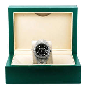 Montre unisexe en acier inoxydable analogique résistante à l'eau avec bracelet en cuir entièrement serti de diamants Moissanite à mouvement automatique cadran noir - Product Image 2