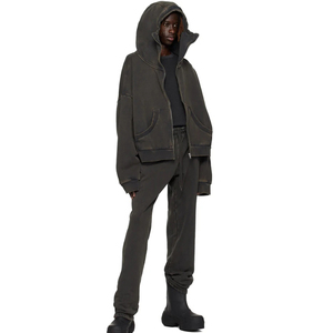 Sweat à capuche en molleton de coton biologique 510 g/m², lavé à l'enzyme, à épaules tombantes, tendance, noir, fermeture éclair intégrale, durable - Product Image 4