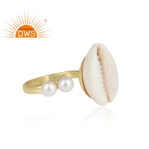 แหวนชุบทอง18K เปลือกหอยมุกคู่ดีไซน์ทำด้วยมือผู้ผลิตเครื่องประดับแบบปรับได้ - Product Image 3