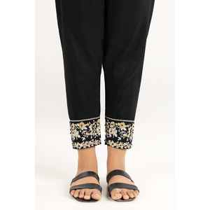 Pantalon en satin de soie brute noir TR-22-125, taille haute, broderie décorative, 100% soie - Product Image 3