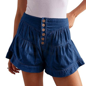 Shorts de Mezclilla para Mujer, Casuales, de Verano, Cintura Media, Pierna Ancha, Plisados, con Volantes, Modernos, Cómodos, Lavados, de Color - Product Image 5
