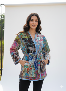 Veste Kimono Kantha Stone Wash, robe indienne à motifs floraux faite à la main, matelassée et respirante, manteau d'automne et d'hiver - Product Image 2