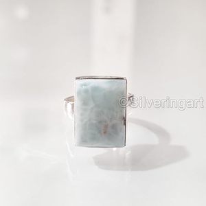 Bague pour femme en argent sterling 925, pierre précieuse naturelle Larimar, véritable pierre de naissance, grande bague antique, bijoux faits à la main pour Noël - Product Image 2