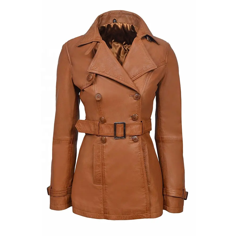 Women's leather trench coat with real brown sheepskin leather long coat, new style leather jacket