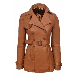 Trench-coat en cuir pour femmes avec manteau long en cuir de mouton brun véritable, nouveau style de veste en cuir - Product Image 1
