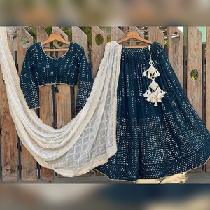Lehenga Choli De Seda Con Secuencia De Georgette Trabajo Dupatta Para Ropa De Boda Nupcial, Lehenga Choli Elegante Para Mujeres Y Niñas - Product Image 4