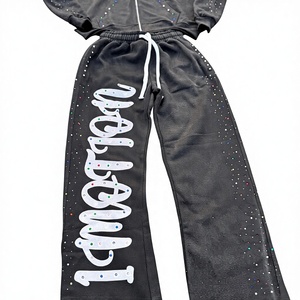 Ensemble de survêtements unisexes de luxe personnalisés style streetwear avec strass, effet délavé vintage, en coton et polyester pour hommes - Product Image 4