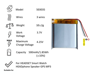 503035 Polimer Lityum Pil <span class=keywords><strong>3</strong></span> Telli Yedek Pil 500mAh Şarj Edilebilir Pil KULAKLIK Akıllı Saat Hoparlör GPS MP3 - Product Image 3