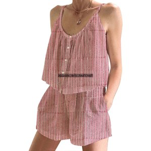 Conjunto de Pijama Corto con Mangas con Volantes Estilo Boho Hippie para Mujer, Algodón Indio, Primavera/Verano, Floral, Ajustado, con Tirantes, Sin Mangas - Product Image 3