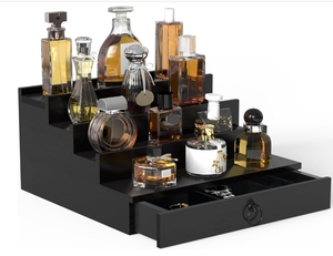 Luxury Cologne Organizer for Men 4 Tier Wood Perfume Display Holder with Felt Lining Drawer Hidden Compartment <strong>Bathroom</strong> <strong>Storage</strong> - Product Image 1