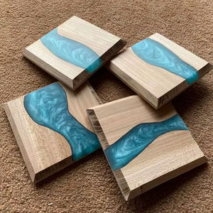 Unique Light Wood Teal Epoxy Resin Square Beveled Edge Coaster Set Drink Mat <b>For</b> Home Bar <b>Kitchen</b> Table Protector <b>Decor</b> <b>Item</b> Pad - Product Image 1