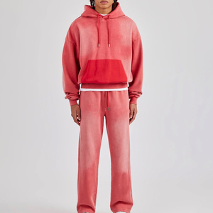Ensemble survêtement pour homme, sweat-shirt à capuche imprimé rouge délavé, coupe régulière, pantalon de survêtement à jambes larges, deux tons, poche, épaules tombantes - Product Image 5