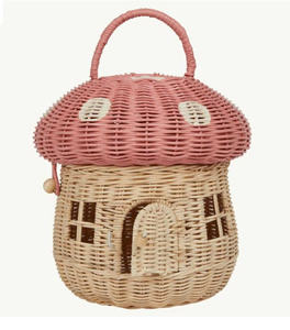 Panier en osier tressé à la main en forme de maison champignon avec couvercle - Sac de rangement pour poupées et accessoires de photographie pour enfants - Product Image 1