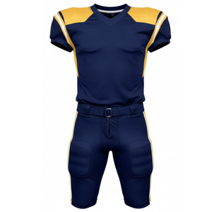 ชุดยูนิฟอร์มอเมริกันฟุตบอลสีกรมท่าและสีทองแบบกำหนดเอง พร้อมแผงไหล่ตัดสี  เสื้อเจอร์ซีย์พร้อมกางเกงบุฟองน้ำลายทางสองด้าน - Product Image 1