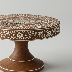 Support à dessert rond en bois incrusté d'os de luxe, fait à la main, design floral artistique pour des réceptions élégantes - Product Image 2