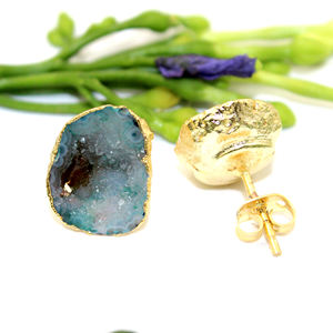 Natural Milky <b>Green</b> Geode Druzy Gold Electroplated Handmade Stud <b>Earrings</b> wholesale Jewelry - Product Image 3