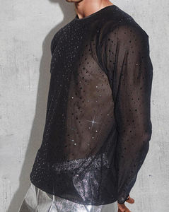 Custom Shiny Sheer <b>Mesh</b> Tee <b>Tops</b> Transparent Rhinestone Sexy <b>Mesh</b> T Shirts Men's Sheer <b>Mesh</b> <b>Long</b> <b>Sleeves</b> T-Shirt - Product Image 4