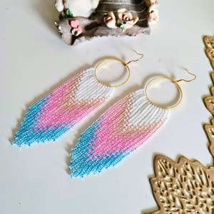 Boho <b>bead</b> earrings with turquoise design andy cascading <b>fringe</b>, unique jewelry gift - Product Image 4