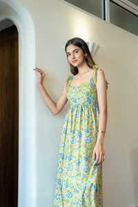 Robe longue en coton pour femmes jaune bleu main bloc imprimé robe longue décontractée avec imprimés floraux personnalisés - Product Image 2
