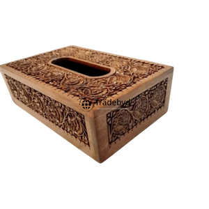 Caja de Pañuelos y Soporte de Madera Tallada con Diseño Floral Grabado de Primera Calidad, Hecho a Mano para Interiores Elegantes, Tradebyd - Product Image 1