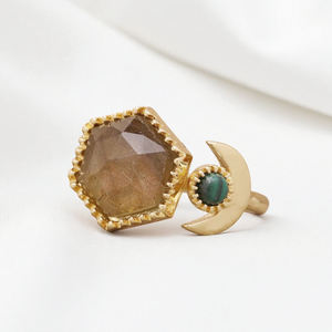 Anillo ajustable de piedras preciosas de labradorita hexagonal de diseñador-Anillo De Luna Vermeil de oro plateado 925-Anillos de piedras preciosas para fiesta - Product Image 1