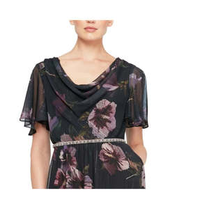 LSNY Fashions Abito floreale blu navy da donna con collo a cappuccio, maniche corte, vita decorata con perline, linea ad A, in chiffon, taglia 10P - Product Image 3