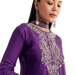 Purple Dola <b>Silk</b> <b>Kurta</b> Set with Zardosi and Choker Dupatta for Wedding Party Festive Reception and Traditional Cultural Occasion - Product Image 5