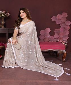 LATEST BABY <b>PINK</b> MOSS CHIFFON SILK EMBROIDERY WORK SAREE WITH UNSTITCHED BLOUSE CAUSAL WEAR WHOLESALE PRICE ETHNIC GARMENT - Product Image 2