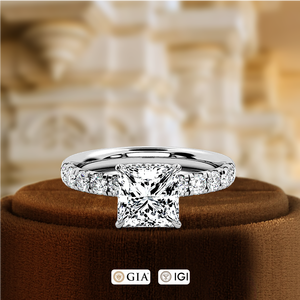 Bague de fiançailles en diamant de laboratoire taille princesse 1CT, halo caché, certifiée IGI, or jaune 14 carats, demi-pavé, bague de mariage - Product Image 2