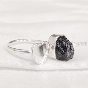 Bijoux en pierre brute Bague pour femme Tourmaline noire brute naturelle Pierre précieuse Octobre Pierre de naissance Bague coeur Bague en argent sterling 925 - Product Image 2