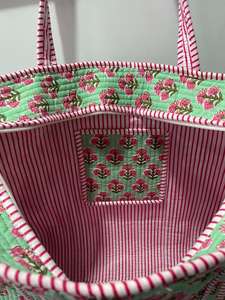 Handmade Cotton Eco-Friendly Everyday Tote <b>Bag</b> Green for Pink Block Print <b>Quilted</b> Travel Shopper Zipper Closure Fashion Style - Product Image 6