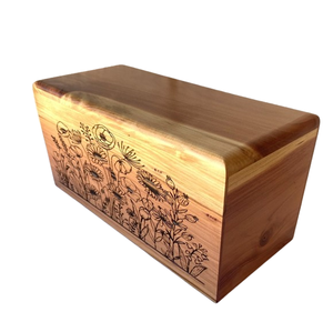 Urne funéraire en bois pour adultes, personnalisée avec des fleurs sauvages gravées, fournitures funéraires en bois pour les cendres humaines - Product Image 1
