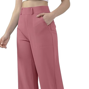 WOMENS WIDE STRAIGHT LEG BUSINESS CASUAL <b>WORK</b> PANTS PULL ON OFFICE <b>TROUSERS</b> WITH POCKETS - Product Image 1