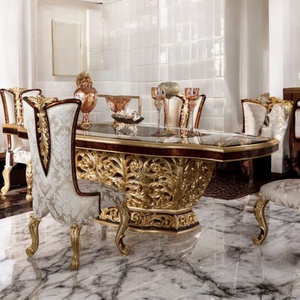 Ensemble de table à manger de luxe européen royal 5 pièces en bois d'acajou avec plateau en marbre et sculptures en feuille d'or, design moderne du milieu du siècle, pour la maison et l'hôtel - Product Image 1